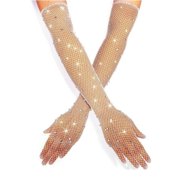 WHITE Mesh Rhinestone Opera Length Showgirl Gloves NEW NIP - Picture 3 of 3